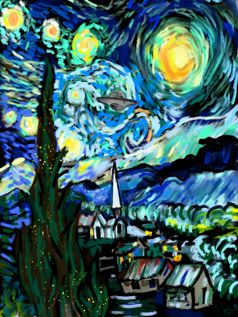 Van Gogh Starry Night rendition with an alien space ship. Digitalpinknirvana.com contemporary digital art